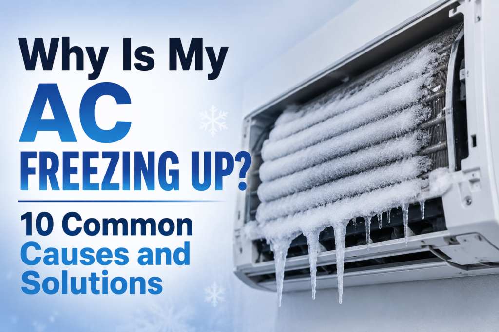 Frozen AC unit with heavy ice buildup